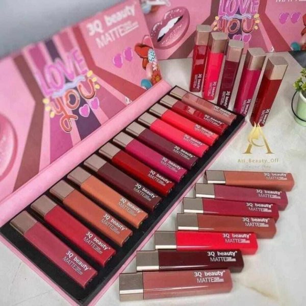 open 12 pieces box of 3Q Beauty matte lipgloss long lasting and waterproof