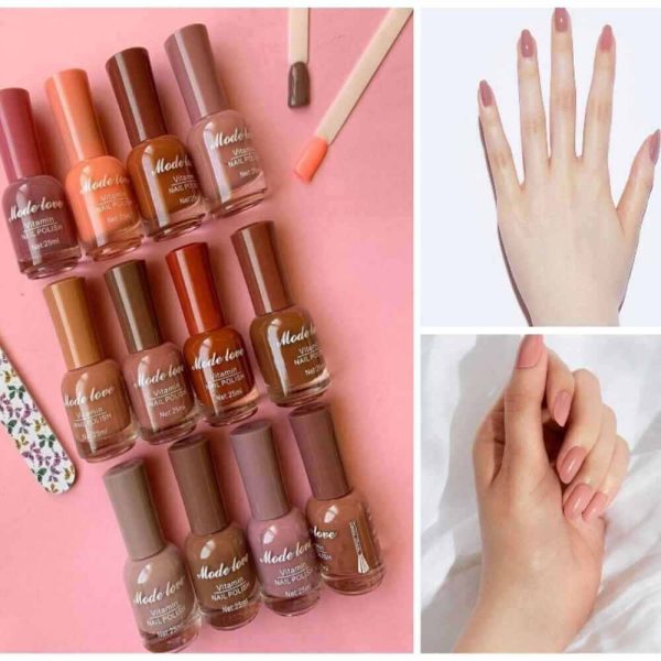 Set Of 12 Mode Love Nude Nail Polish applied on hand nails