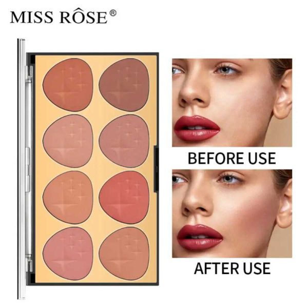before and after application of Miss Rose High intensity 8 Color Blush Palette contour, blusher and bronzer palette