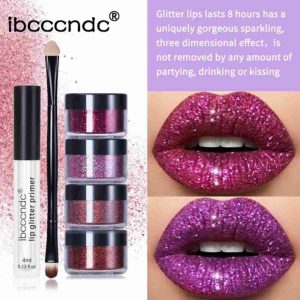 Ibcccndc Lip Eye Glitter Set 3 in 1 Lip Shimmer Kit 4 color Glitter Powder With Primer and Brush Waterproof Glittering Party Makeup