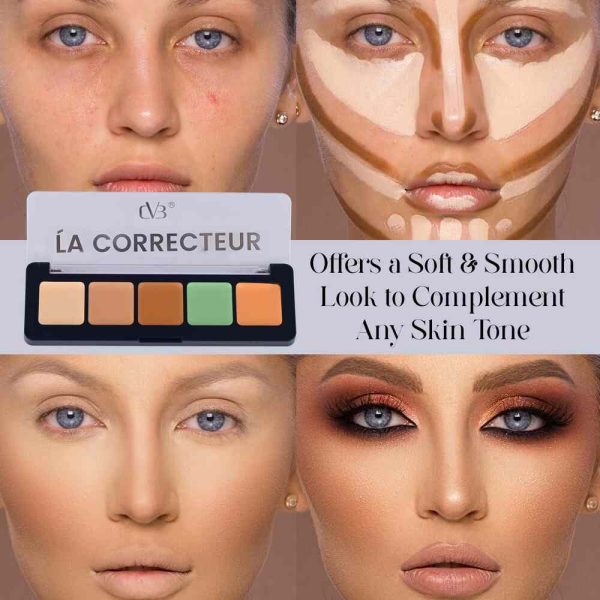 Application of CVB Color Corrector/ Concealer Palette 5 in 1 For Discoloration, Dark Circles, Redness and spots Full Face Coverage Color-Correcting Concealer C104 on face