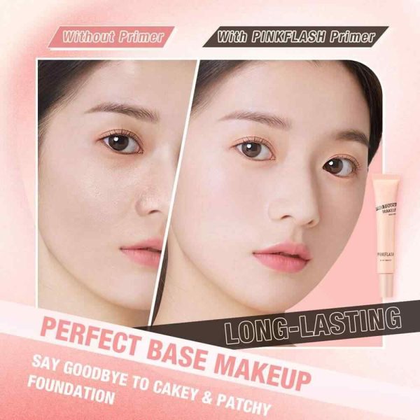 Before after application results of PINKFLASH Zero Pore Makeup Base Primer Pro Touch on model